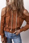 Cinnamon Cold Shoulder Hoodie for Women with Exposed Seams and Adjustable Drawstring for a Trendy Casual Look
