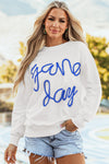 Women's White Graphic Sweatshirt with Drop Shoulders for Stylish Game Day Comfort and Effortless Casual Wear