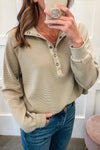 Cozy Women's Khaki Stripe Ribbed Sweatshirt with Half Button Detail - Stylish Raglan Sleeve Top for Everyday Comfort