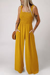Women's Ginger Smocked Sleeveless Wide Leg Jumpsuit in Olive Green with Pockets - Chic and Comfy Summer Fashion