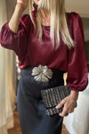 Chic Red Dahlia Satin Puff Sleeve Blouse for Women - Elegant Style, Perfect Fit for Every Occasion