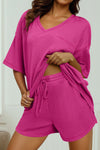 Women's Stylish Rose Red Waffle V-Neck Loose Tee & Drawstring Shorts Set - Casual Summer Outfit for Effortless Elegance
