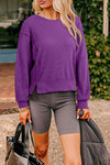 Orchid Mist Women's Cozy Ribbed Drop Shoulder Sweatshirt with Raw Seam Patchwork - Stylish Casual Top for Everyday Wear