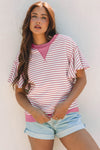 Women's Casual Chic Pink Striped Ruffle Top with Contrast Detailing - Short Sleeve, Flattering Fit for Effortless Style