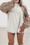 Women's Cozy Floral Patchwork Puff Sleeve Knit Top in Jet Stream Plaid - Stylish Fit & Soft Ribbed Texture
