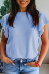 Beau Blue Women's Ruffle Trim Short Sleeve Sweater - Chic Ribbed Round Neck Top for Effortless Everyday Style