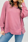 Cozy Fuchsia Oversized Pullover for Women with Waffle Knit, Contrast Patches & Side Slits - Chic Casual Top