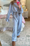 Chic Women's Blue Flounce Long Sleeve Top & Drawstring Pants Lounge Set with Velvet Bow Knot Detail