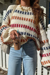 Cozy Women's Beige Striped Puff Sleeve Sweater – Playful Drop Shoulder Knit for Stylish Casual Wear