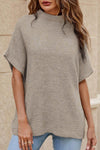 Women's Apricot Batwing Sweater - Cozy Short Sleeve High Neck Knit Top for Effortless Chic and All-Day Comfort