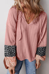Dusty Pink Floral Print Textured Knit Blouse for Women with Drawstring V-Neck, Perfect for Casual Chic Style