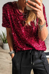 Chic Burgundy Sequin Holiday T-Shirt for Women – Sparkly Crew Neck Top with Comfortable Fit for Festive Celebrations