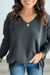 Women's Carbon Grey Long Sleeve V-Neck Top with Twisted Ribbed Design and Exposed Seams for Effortless Chic Style