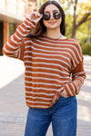 Cozy Women's Brown Stripe Drop Shoulder Sweater - Casual Chic for Effortless Everyday Style and Comfort