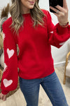 Chic Women's Racing Red Heart Print Sweater with Pearl Details and Trendy Long Sleeves for Effortless Style