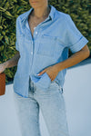 Effortless Style Women's Blue Denim Short Sleeve Shirt with Turn-Down Collar for Casual Comfort