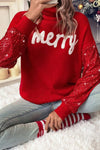 Women's Racing Red Merry Graphic Turtleneck Sweater with Sequin Sleeves - Festive Holiday Chic for Women