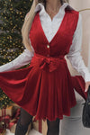 Women's Red Velvet Mini Dress with Bow Detail, V-Neck, Sleeveless, Pleated for Effortless Chic Style
