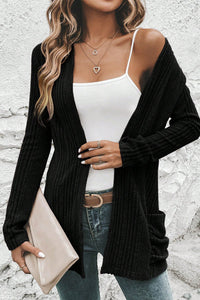 Black Ribbed Open Front Knitted Top with Pockets