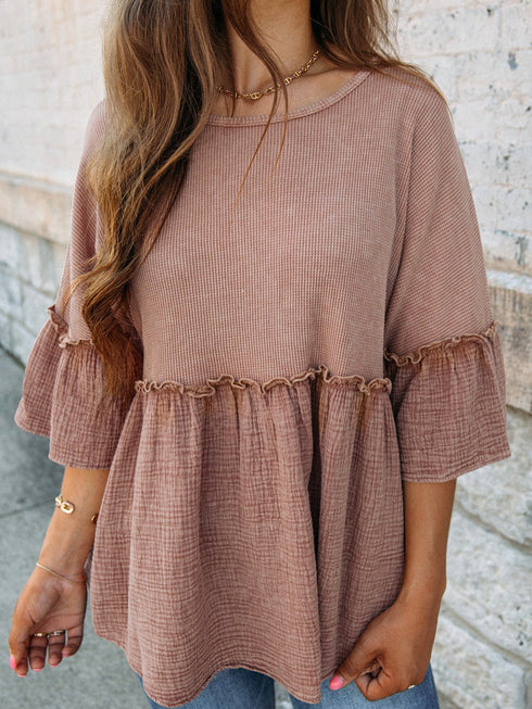 Ruffled Sleeve Colorblock Peplum Blouse