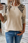 Women's Beige Leopard Print Long Sleeve Blouse - Trendy Round Neck Top with Stylish Animal Print Design