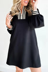 Trendy Women's Black Striped Patchwork Mini Dress with Zip Neck – Long Sleeve Shift Style for Chic Casual Outings