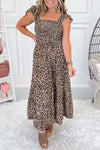 Women's Brown Leopard Print Maxi Dress with Ruffled Straps and Smocked Tiered Design - Stylish Summer Outfit