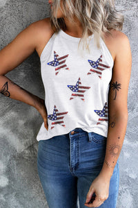White Glittering American Flag Star Print Tank Top