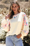 Trendy Women's Apricot Floral Patchwork Blouse with Textured Fabric and Balloon Sleeves for Effortless Style