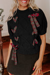 Women's Black Plaid Puff Sleeve Sweater with Lace-Up Detail - Stylish Holiday Top for Festive Occasions