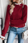 Burgundy Lace Trim Frilled Raglan Sleeve Sweater for Women - Cozy, Stylish, Perfect for Fall and Winter Wardrobe