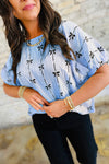 Women's Chic Beau Blue Bow Print Puff Sleeve Blouse - Stylish Short Sleeve Top for Effortless Casual Elegance