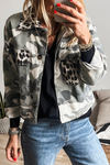 Trendy Women's Green Camo Leopard Patchwork Crop Jacket with Flap Pockets - Chic Casual Outerwear for Effortless Style