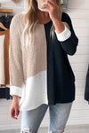 Cozy Women's Black Color Block V-Neck Knit Sweater - Relaxed Fit for Effortless Casual Chic Look