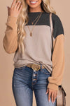 Stylish Women's Black Color Block Ribbed Long Sleeve Top - Relaxed Fit for Effortless Casual Comfort