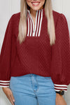 Cozy Women's Racing Red Zip Neck Pullover Sweatshirt with Striped Patchwork Design for Effortless Style