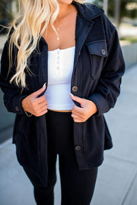 Black Solid Color Exposed Seam Patchwork Button Down Fleece Shacket
