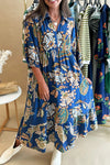 Chic Women's Blue Floral Paisley Midi Dress with Shirt Collar & 3/4 Sleeves – Perfect for Stylish Summer Outings