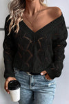Elegant Women's Black V-Neck Sweater with Hollow Out Design and Drop Shoulders - Cozy Knit Top for Casual Style