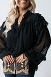 Chic Plus Size Women's Black Chiffon Top with Ruffle Balloon Sleeves – Stylish, Comfortable, Perfect for Any Occasion