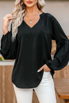 Chic Women's Black V-Neck Puff Sleeve Top – Stylish & Comfortable for Effortless Casual Outfits