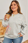 Plus Size Women's Light Grey Sweatshirt with Embroidery, Drop Shoulder Design, and Cozy Round Neck Fit