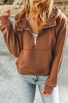 Women's Cozy Brown Quarter Zip Hoodie with Kangaroo Pocket - Casual Pullover for Effortless Style and Comfort