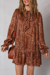 Casual Women's Brown Leopard Print Mini Dress with Tie Neck and Ruffles, Long Sleeve, Relaxed Fit for Effortless Style