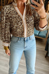 Women's Trendy Khaki V-Neck Leopard Print Top with Striped Trim - Casual Chic Shirt for Everyday Style