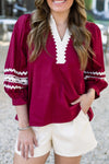 Elegant Women's Red Puff Sleeve Blouse with V-Neck and Ricrac Trim – Chic Contrast Top for Effortless Style