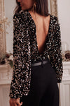 Women's Black Sequin Puff Sleeve Bodysuit with Deep V Back - Chic Party Top for Effortless Glam and Sophisticated Style