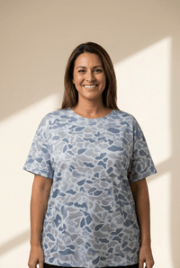 Abstract Blue & Grey Camo Print Relaxed Tee for Everyday Comfort