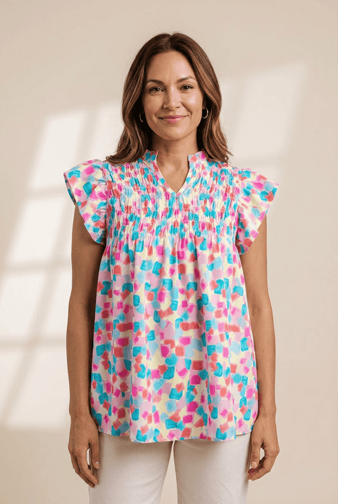 Women's Abstract Brushstroke Shirred Yoke Blouse with Ruffle Sleeves