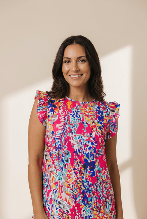 Women's Abstract Floral Ruffle Sleeve Summer Blouse